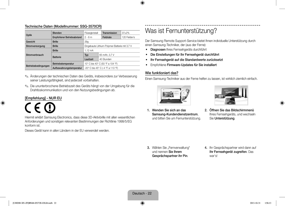 Samsung UE85S9SLXZF manual Was ist Fernunterstützung?, Technische Daten Modellnummer SSG-3570CR, Empfehlung NUR EU 