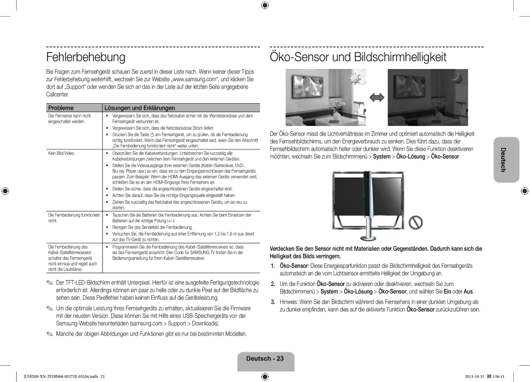 Samsung UE85S9SLXZF manual Fehlerbehebung, Öko-Sensor und Bildschirmhelligkeit, Probleme Lösungen und Erklärungen 