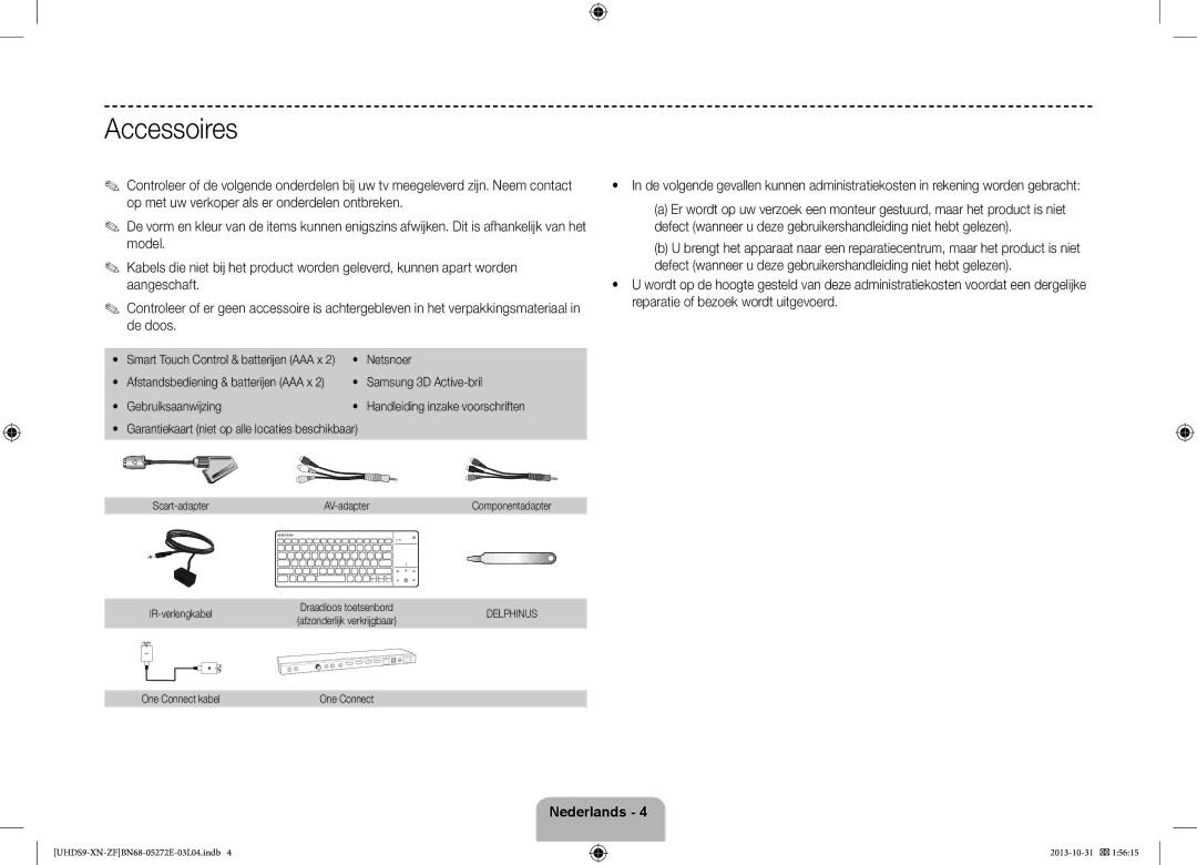 Samsung UE85S9SLXZF manual Smart Touch Control & batterijen AAA x, Afstandsbediening & batterijen AAA x, IR-verlengkabel 
