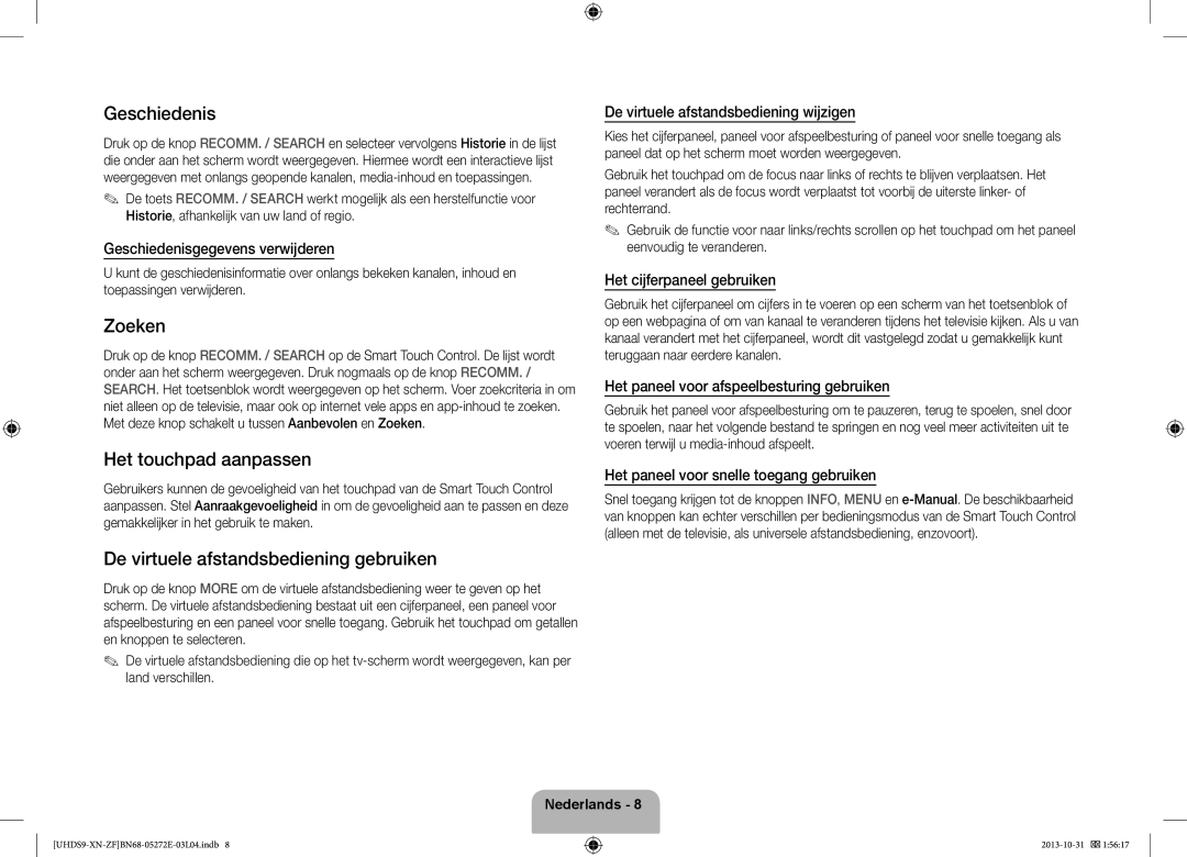 Samsung UE85S9SLXZF manual Geschiedenis, Zoeken, Het touchpad aanpassen, De virtuele afstandsbediening gebruiken 