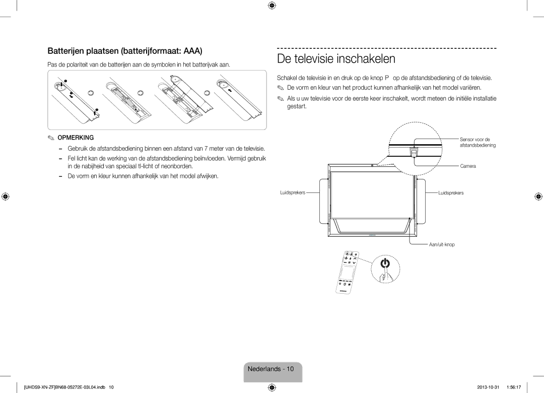 Samsung UE85S9SLXZF De televisie inschakelen, Batterijen plaatsen batterijformaat AAA, Camera Luidsprekers, Aan/uit-knop 