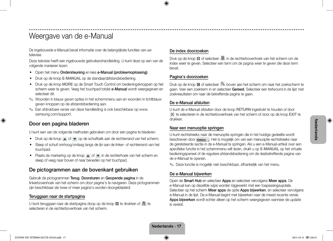 Samsung UE85S9SLXZF manual Weergave van de e-Manual, Door een pagina bladeren, De pictogrammen aan de bovenkant gebruiken 