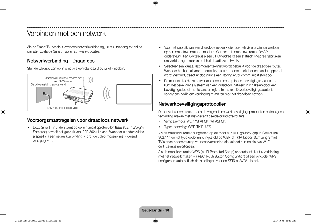 Samsung UE85S9SLXZF Verbinden met een netwerk, Netwerkverbinding Draadloos, Voorzorgsmaatregelen voor draadloos netwerk 