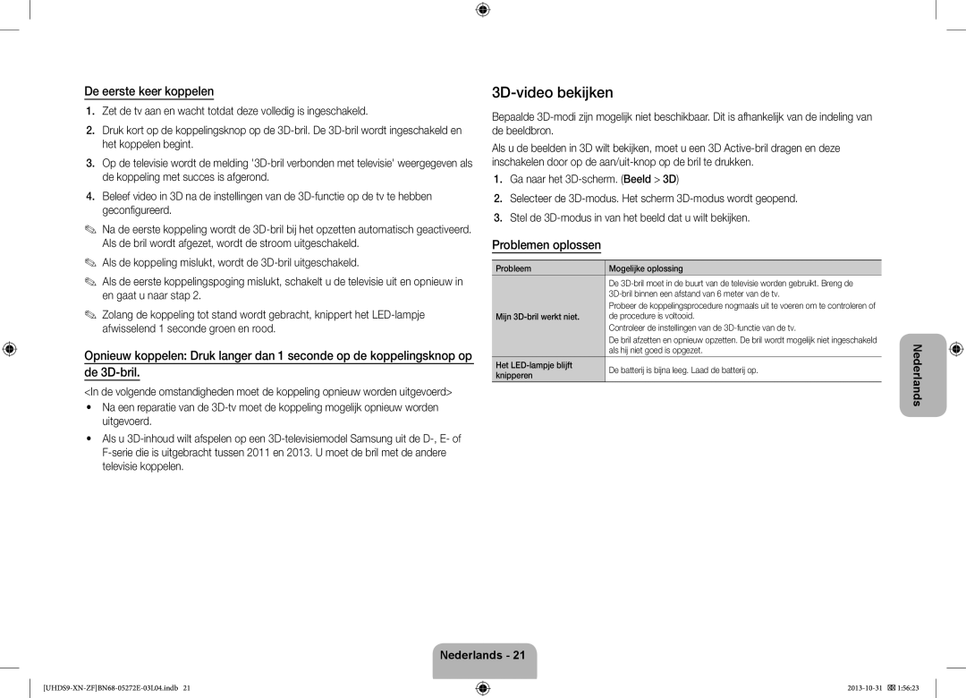 Samsung UE85S9SLXZF manual 3D-video bekijken, De eerste keer koppelen, Problemen oplossen 