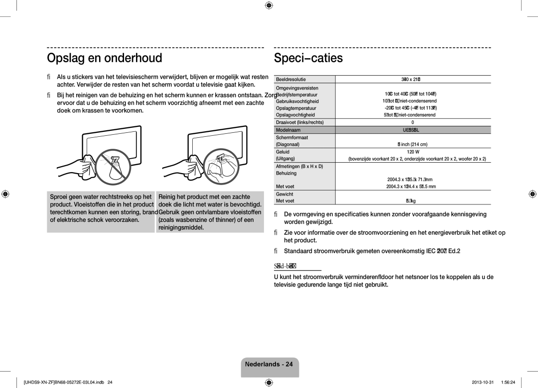 Samsung UE85S9SLXZF manual Opslag en onderhoud, Specificaties, Stand-bymodus 