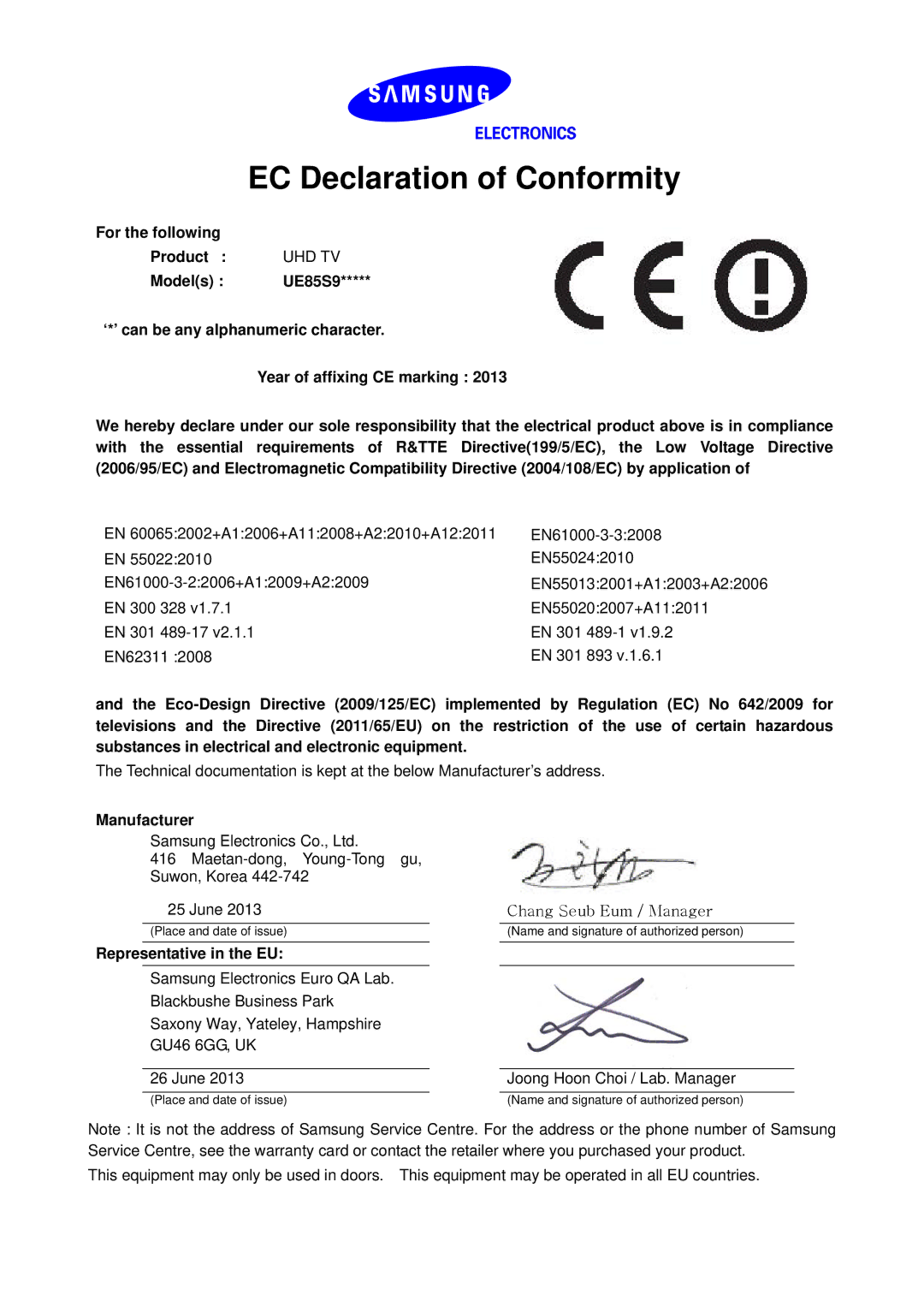 Samsung UE85S9SLXZF manual EC Declaration of Conformity, For the following Product, Uhd Tv, Manufacturer 