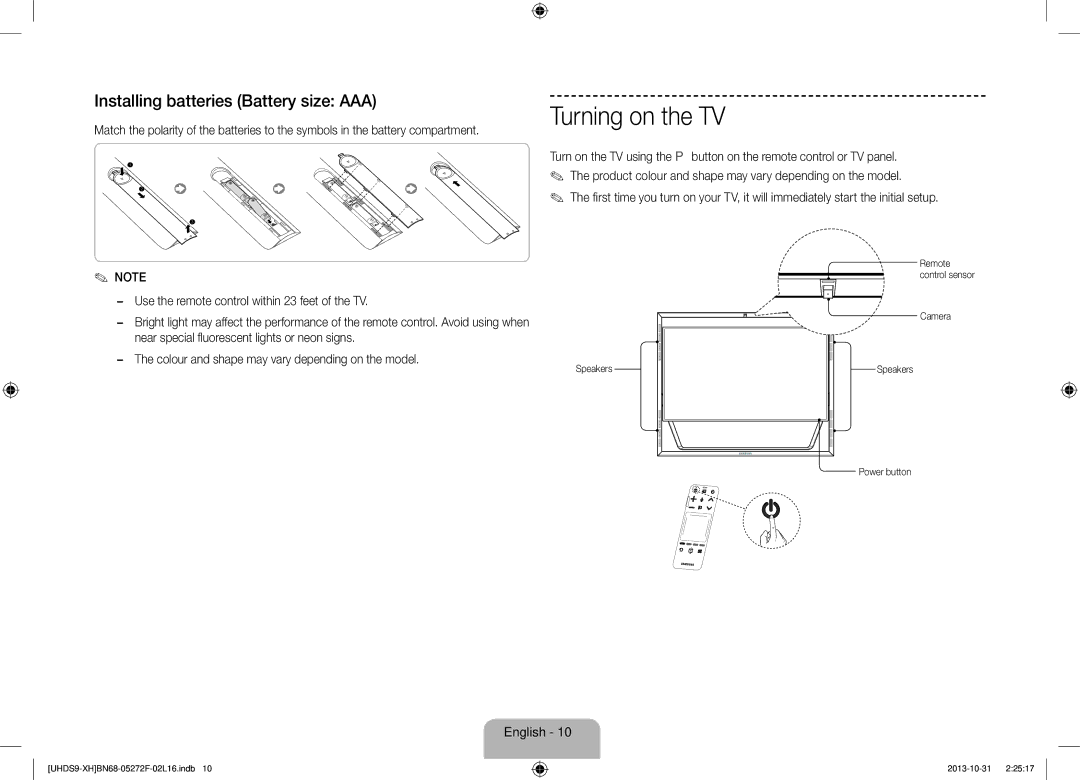 Samsung UE85S9STXXH manual Turning on the TV, Installing batteries Battery size AAA, Camera Speakers, Power button 