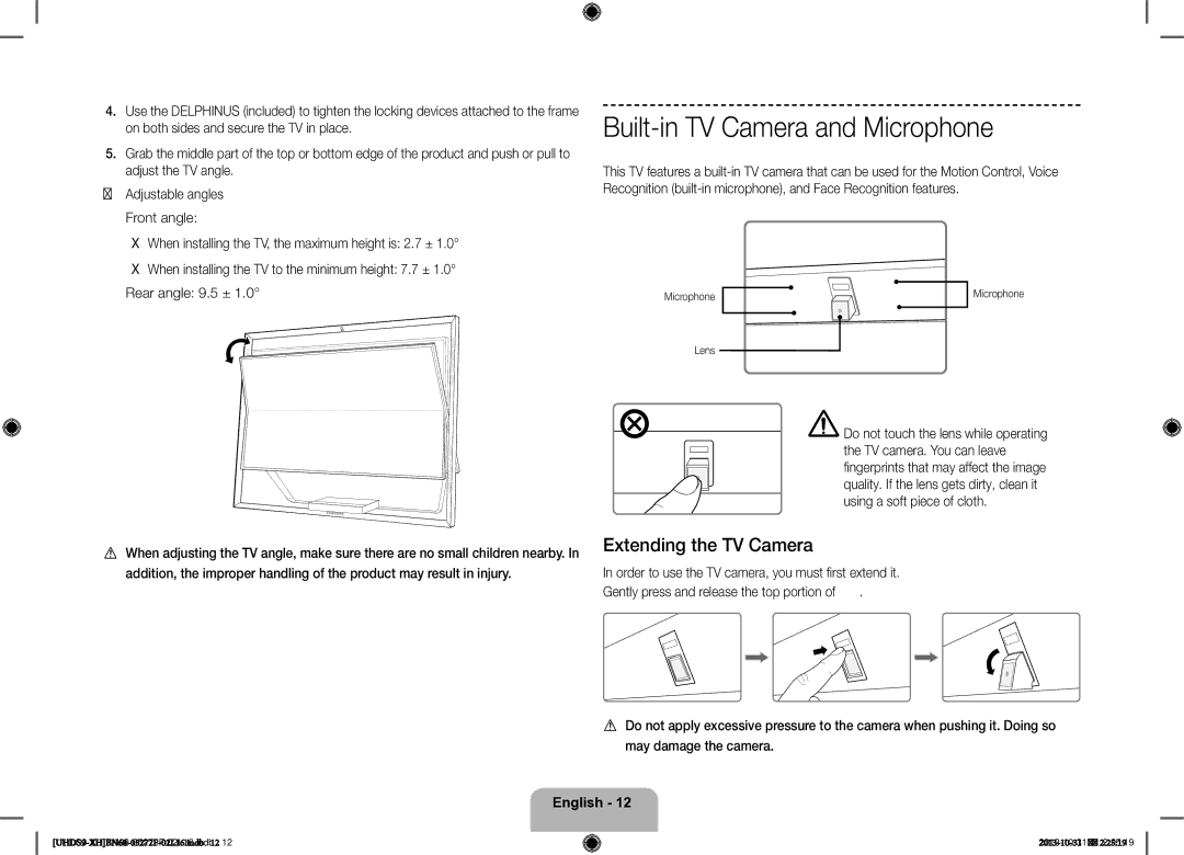 Samsung UE85S9STXXH Built-in TV Camera and Microphone, Extending the TV Camera, Gently press and release the top portion 