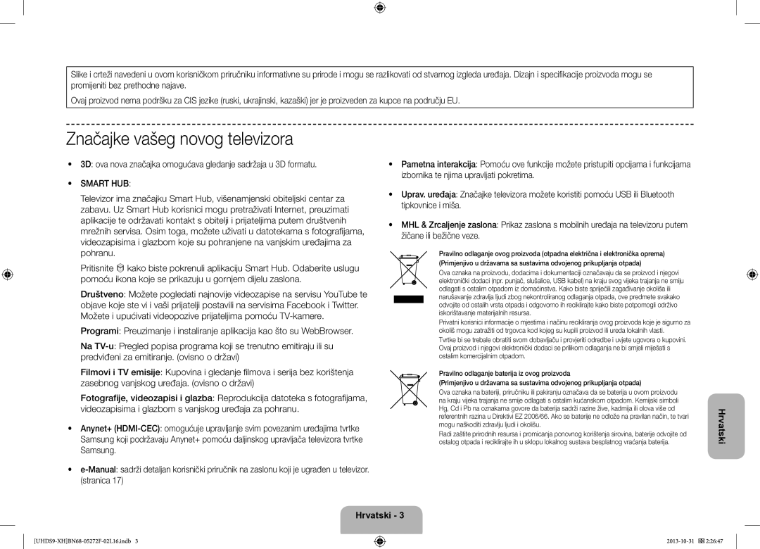 Samsung UE85S9STXXH manual Značajke vašeg novog televizora, Smart HUB 