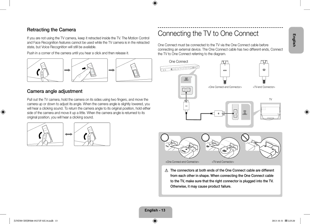 Samsung UE85S9STXXH manual Connecting the TV to One Connect, Retracting the Camera, Camera angle adjustment 