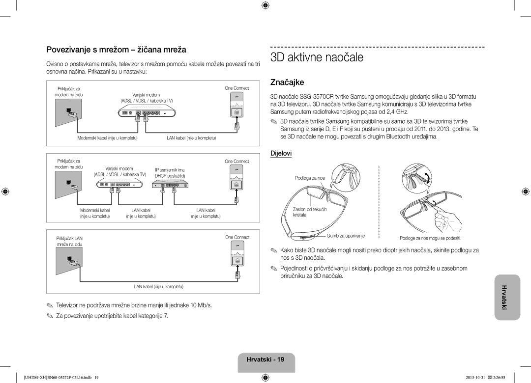 Samsung UE85S9STXXH manual 3D aktivne naočale, Povezivanje s mrežom žičana mreža, Značajke, Dijelovi 