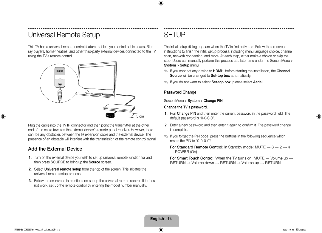 Samsung UE85S9STXXH manual Universal Remote Setup, Add the External Device, Password Change 