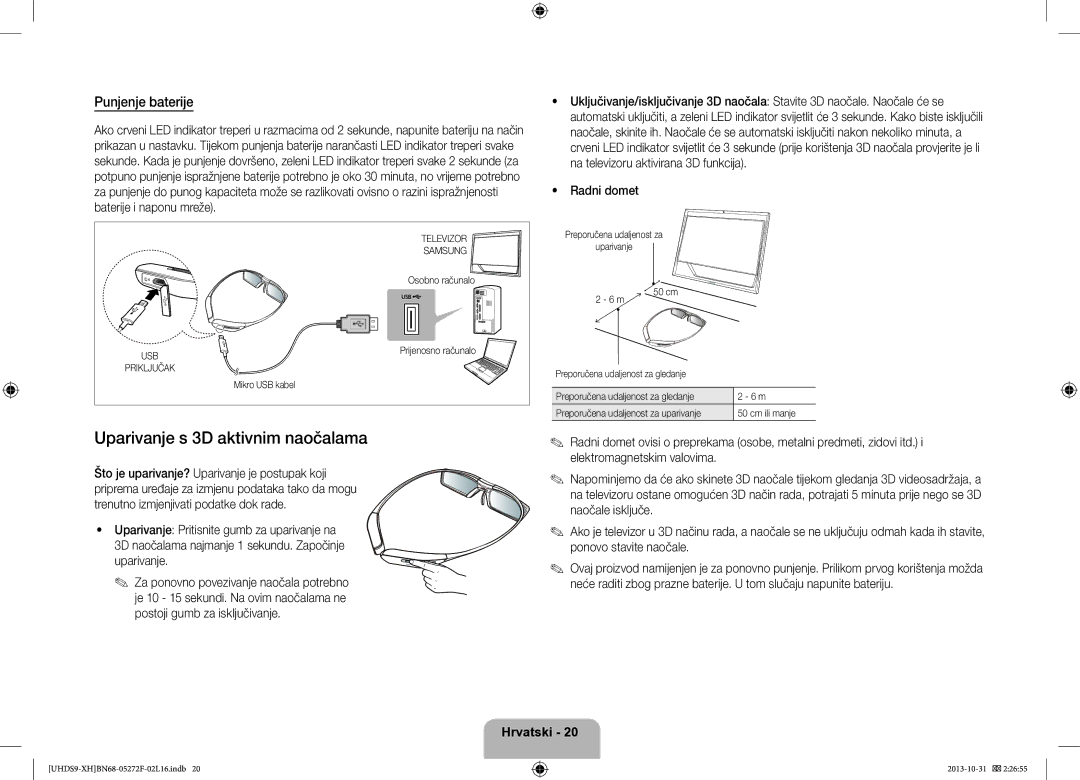 Samsung UE85S9STXXH manual Uparivanje s 3D aktivnim naočalama, Punjenje baterije, Radni domet 