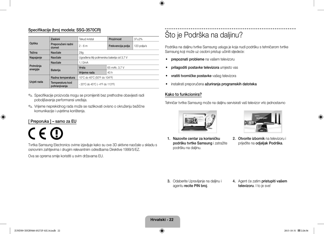 Samsung UE85S9STXXH manual Što je Podrška na daljinu?, Specifikacije broj modela SSG-3570CR, Preporuka samo za EU 