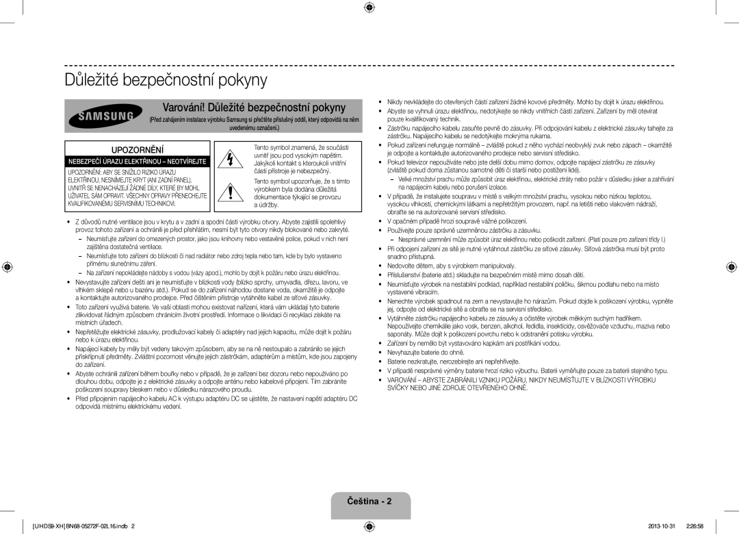 Samsung UE85S9STXXH manual Varování! Důležité bezpečnostní pokyny, Upozornění 