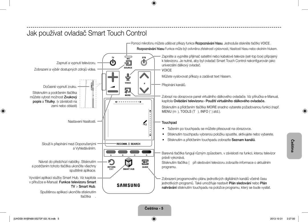 Samsung UE85S9STXXH manual Jak používat ovladač Smart Touch Control 