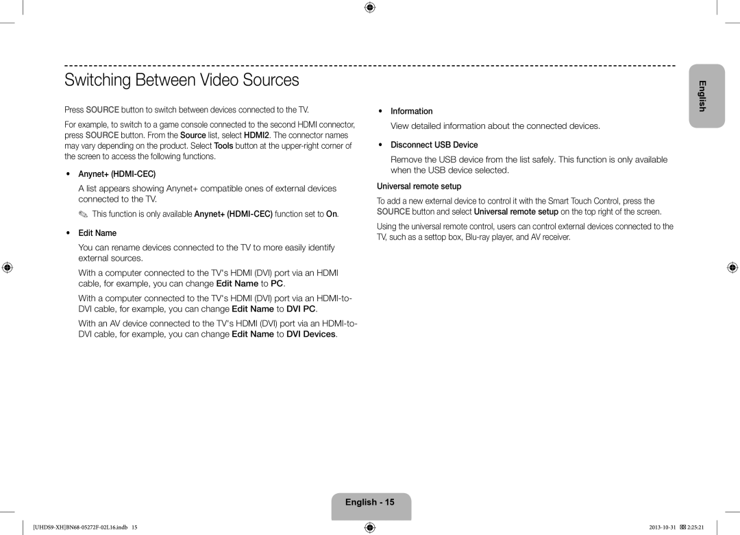 Samsung UE85S9STXXH manual Switching Between Video Sources 