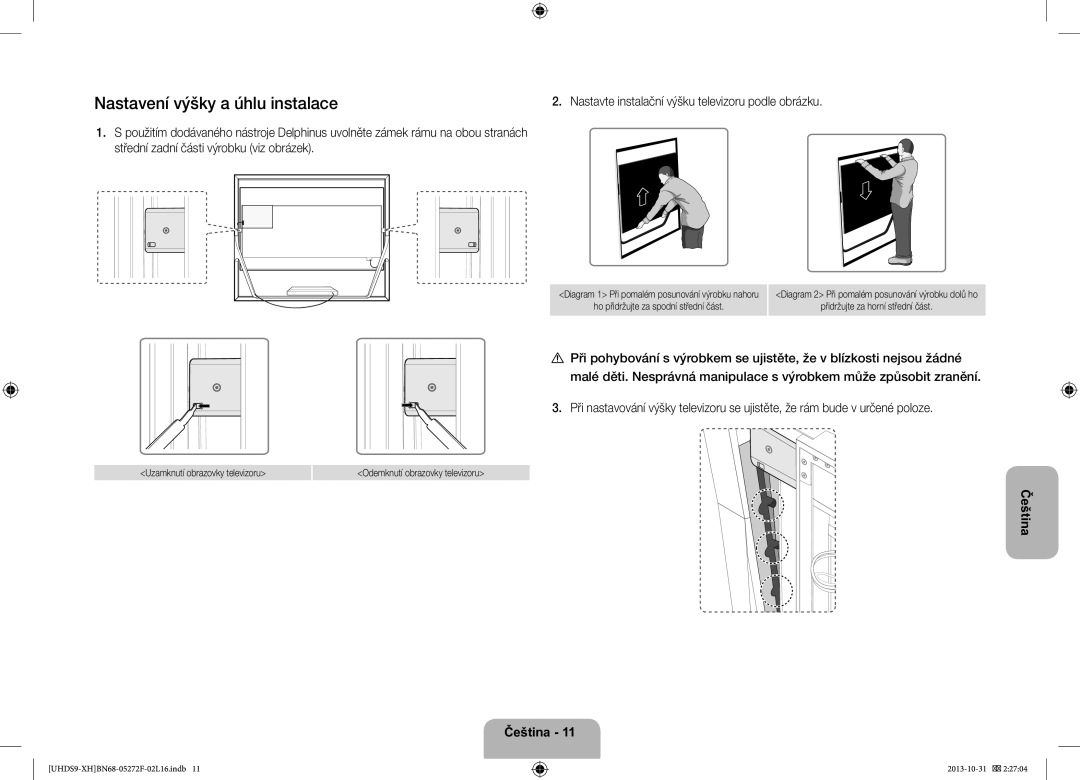 Samsung UE85S9STXXH manual Nastavení výšky a úhlu instalace, Nastavte instalační výšku televizoru podle obrázku 