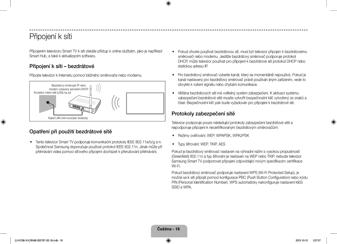 Samsung UE85S9STXXH Připojení k síti bezdrátové, Protokoly zabezpečení sítě, Opatření při použití bezdrátové sítě 