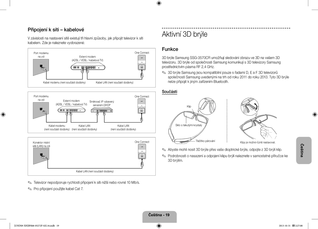 Samsung UE85S9STXXH manual Aktivní 3D brýle, Připojení k síti kabelové, Funkce, Součásti 