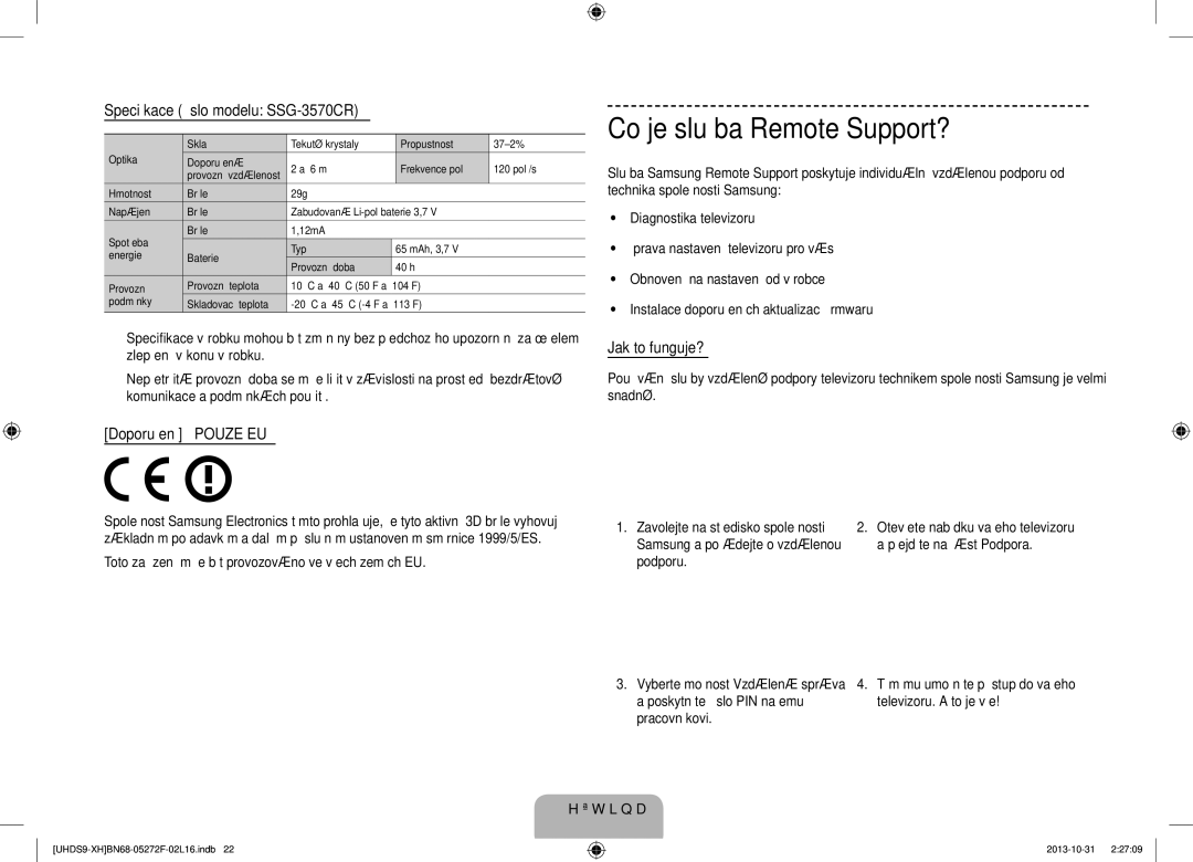 Samsung UE85S9STXXH manual Co je služba Remote Support?, SSG-3570CR, Jak to funguje?, Doporučení Pouze EU 