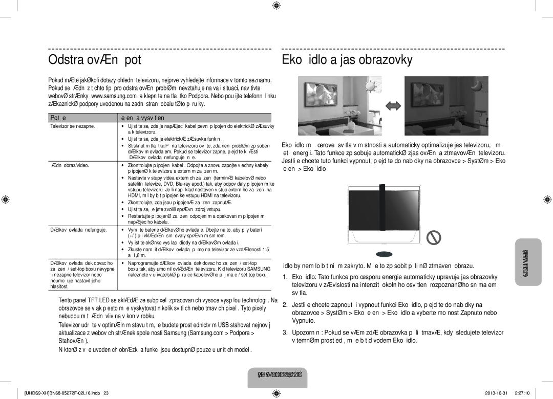 Samsung UE85S9STXXH manual Odstraňování potíží, Eko čidlo a jas obrazovky, Potíže Řešení a vysvětlení 