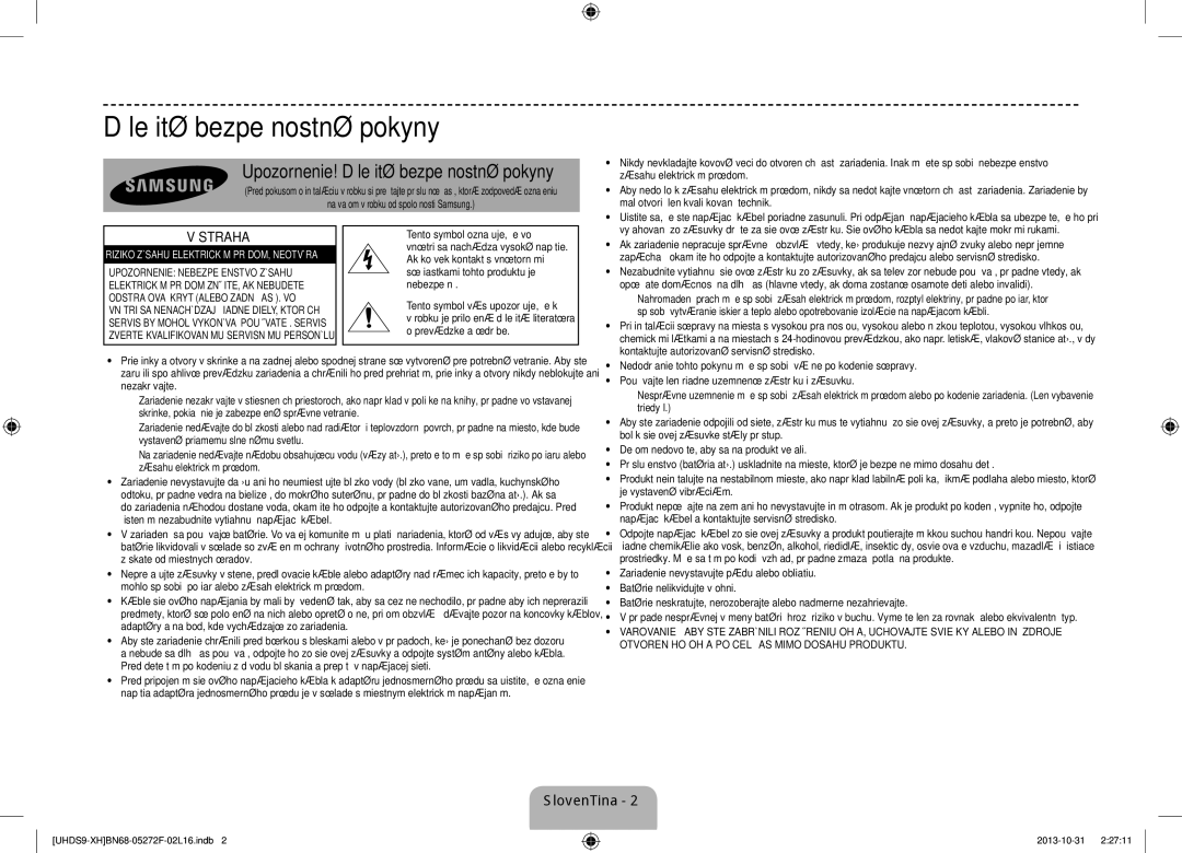 Samsung UE85S9STXXH manual Upozornenie! Dôležité bezpečnostné pokyny, Výstraha 