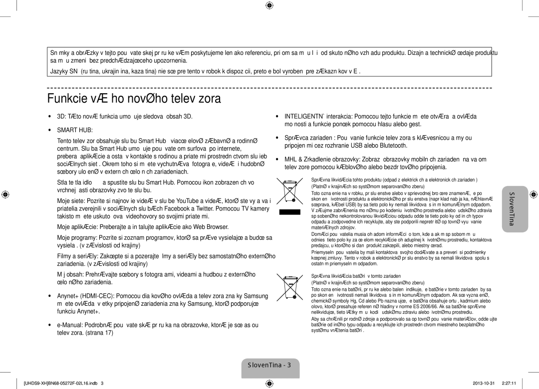 Samsung UE85S9STXXH manual Funkcie vášho nového televízora, 3D Táto nová funkcia umožňuje sledovať obsah 3D 