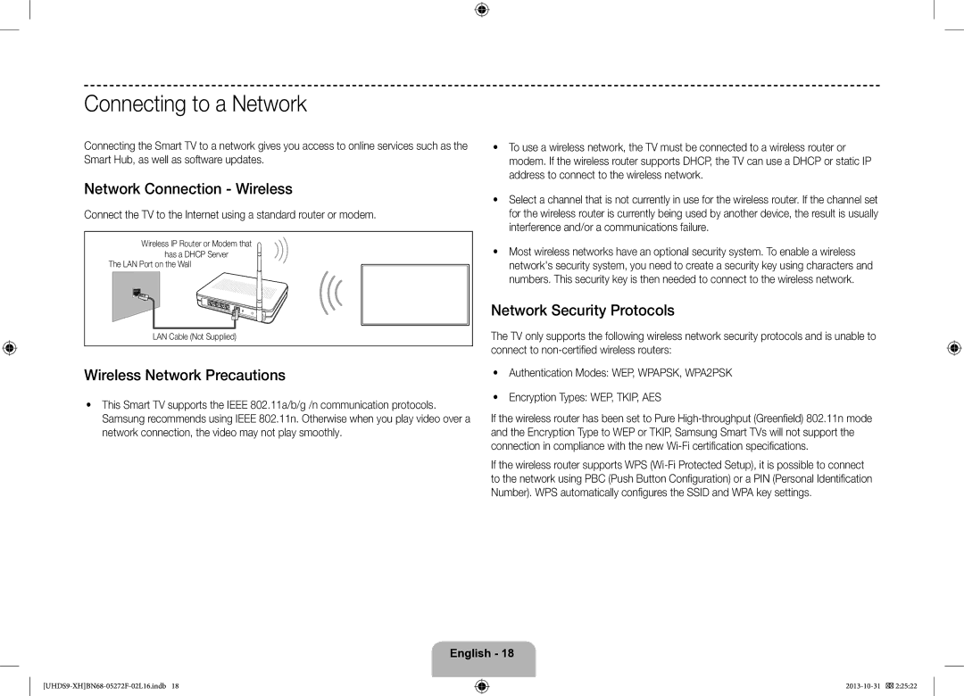 Samsung UE85S9STXXH manual Connecting to a Network, Network Connection Wireless, Wireless Network Precautions 