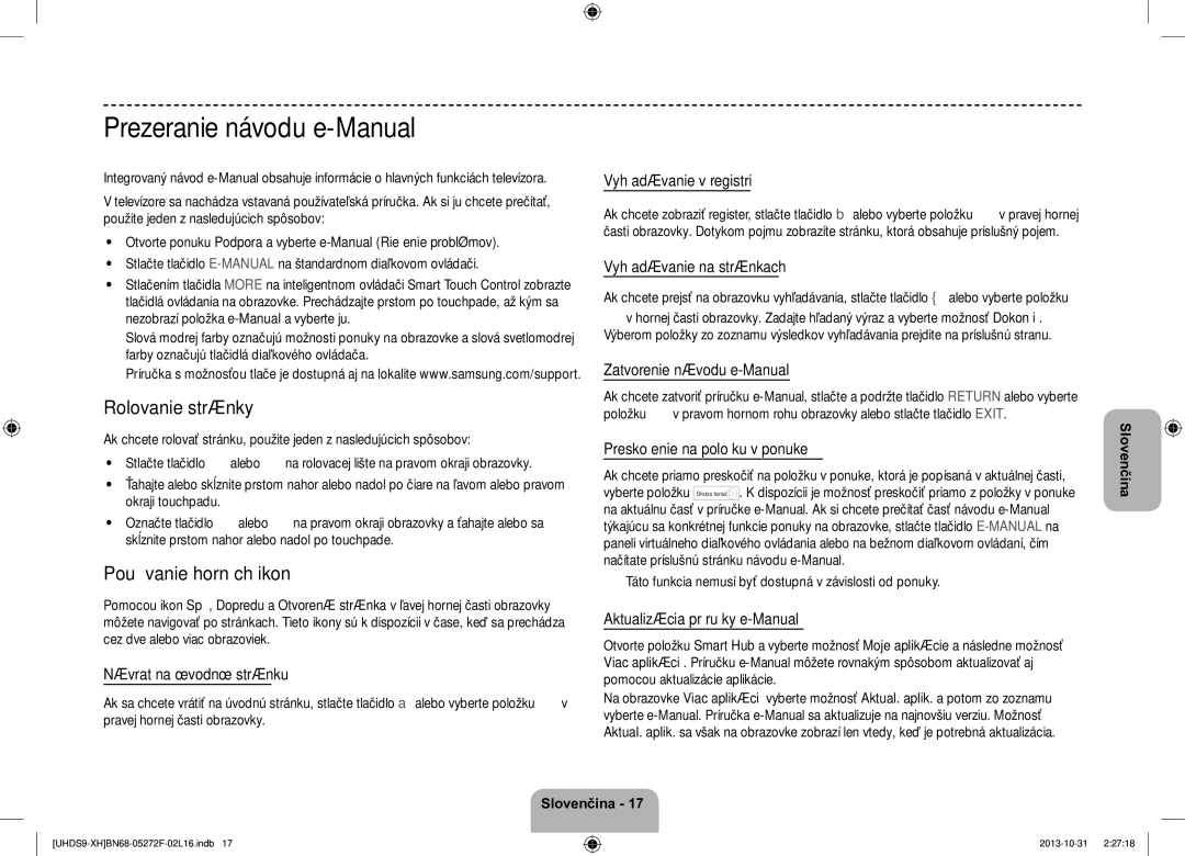 Samsung UE85S9STXXH manual Prezeranie návodu e-Manual, Rolovanie stránky, Používanie horných ikon 