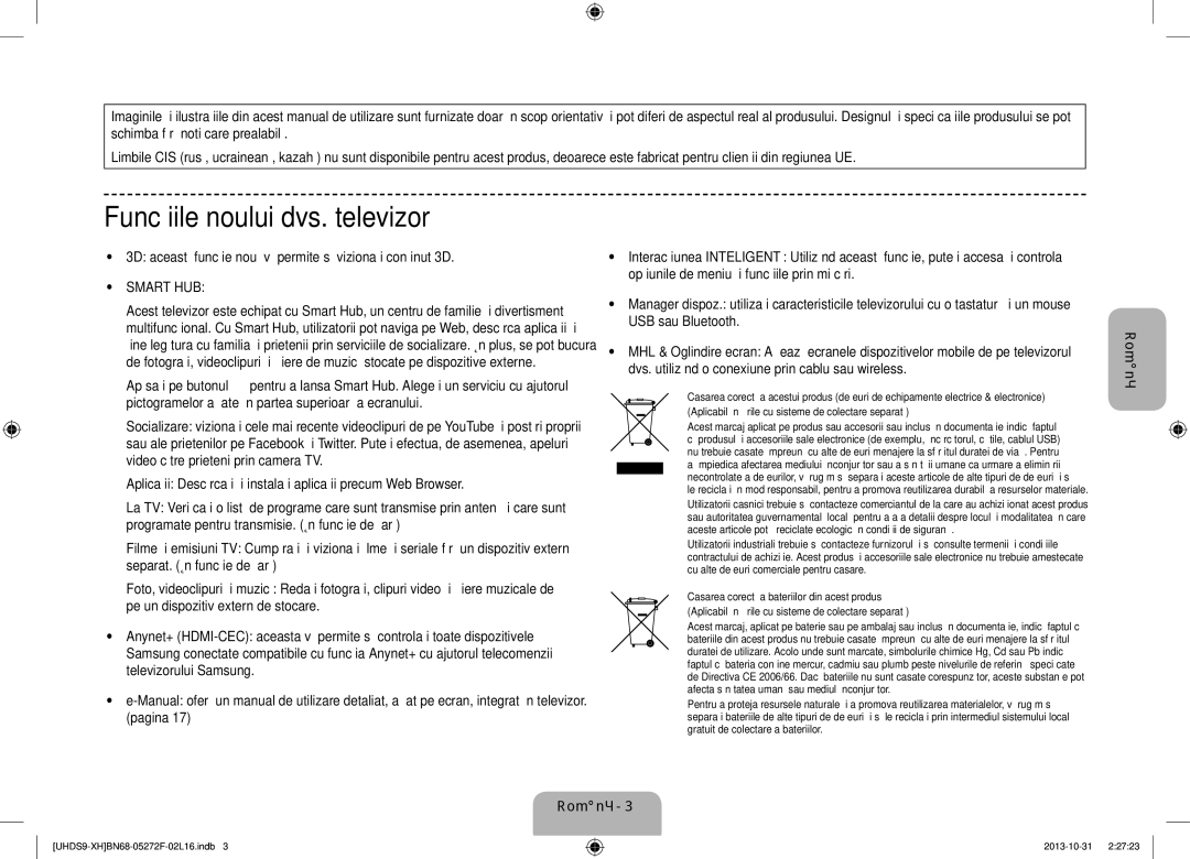 Samsung UE85S9STXXH manual Funcţiile noului dvs. televizor, 3D această funcţie nouă vă permite să vizionaţi conţinut 3D 