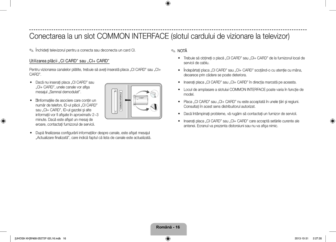 Samsung UE85S9STXXH manual Utilizarea plăcii „CI Card sau „CI+ Card, Notă 