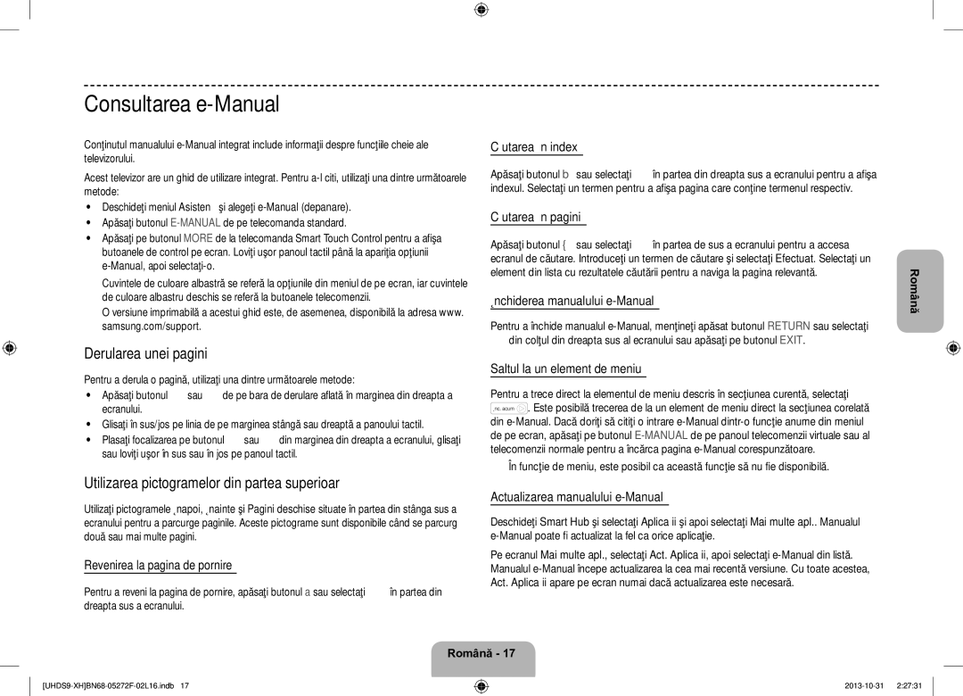 Samsung UE85S9STXXH manual Consultarea e-Manual, Derularea unei pagini, Utilizarea pictogramelor din partea superioară 