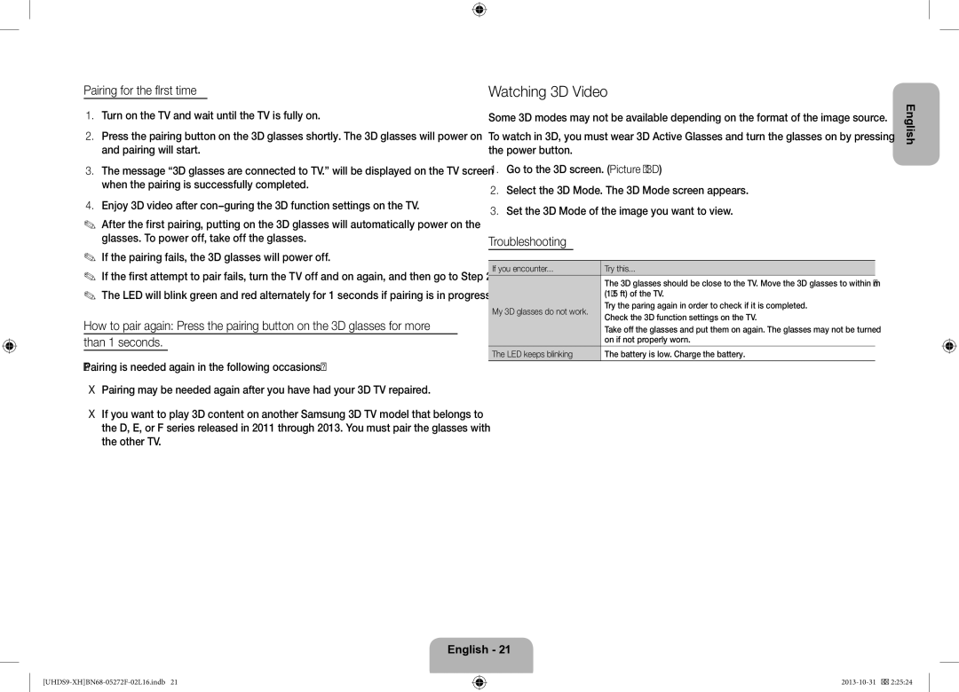 Samsung UE85S9STXXH manual Watching 3D Video, Pairing for the first time, Troubleshooting 