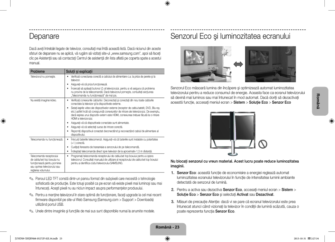 Samsung UE85S9STXXH manual Depanare, Senzorul Eco şi luminozitatea ecranului, Probleme Soluţii şi explicaţii 