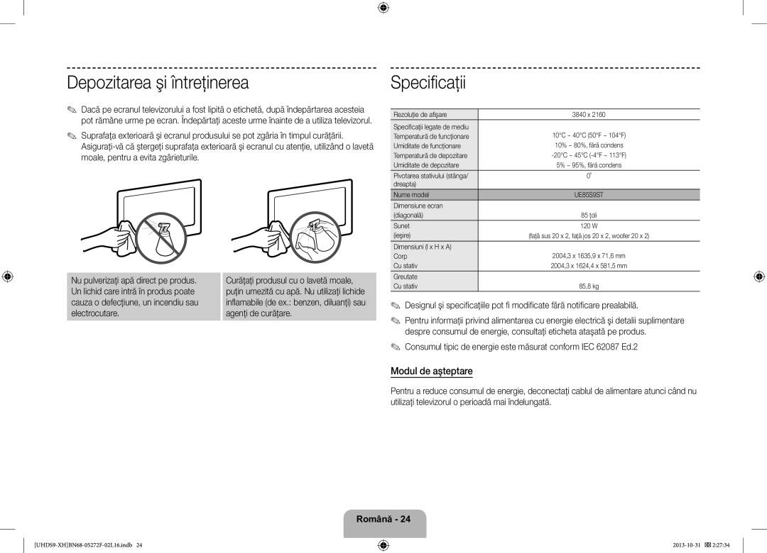 Samsung UE85S9STXXH manual Depozitarea şi întreţinerea, Specificaţii, Modul de aşteptare 