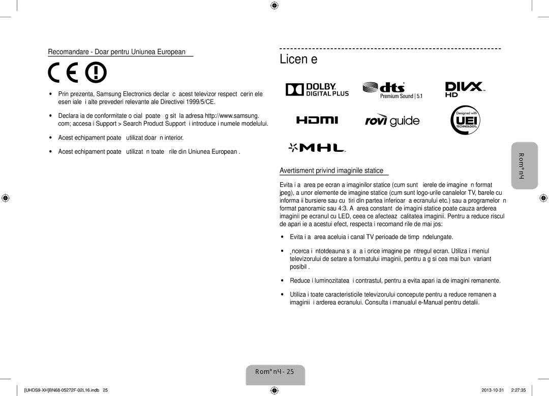 Samsung UE85S9STXXH manual Licenţe, Avertisment privind imaginile statice, Uniunea Europeană 