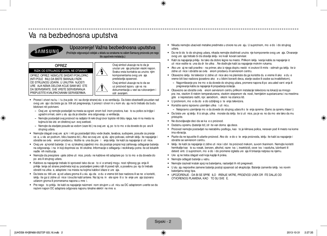 Samsung UE85S9STXXH Upozorenje! Važna bezbednosna uputstva, Udara, Koristite samo ispravno uzemljen utikač i utičnicu 