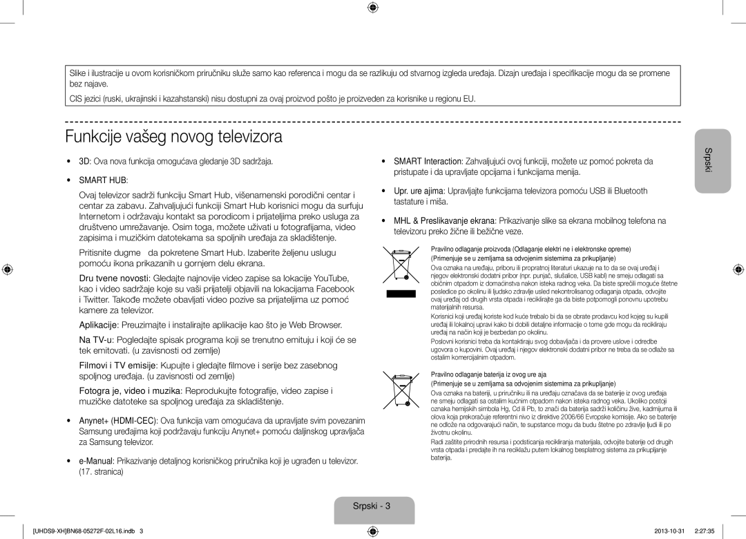 Samsung UE85S9STXXH manual Funkcije vašeg novog televizora, 3D Ova nova funkcija omogućava gledanje 3D sadržaja 