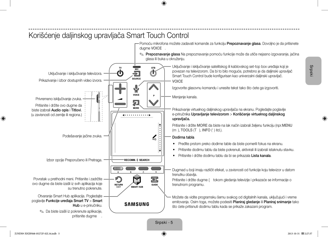 Samsung UE85S9STXXH manual Korišćenje daljinskog upravljača Smart Touch Control 