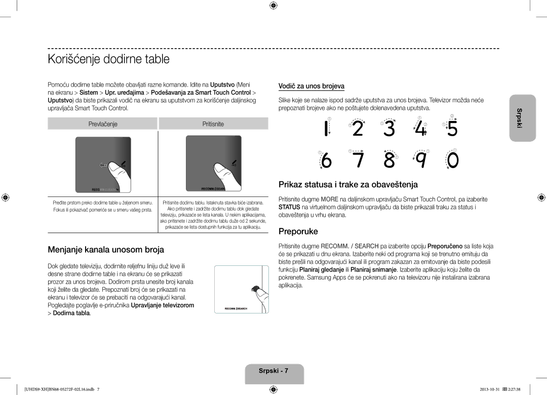 Samsung UE85S9STXXH manual Korišćenje dodirne table, Menjanje kanala unosom broja, Prikaz statusa i trake za obaveštenja 