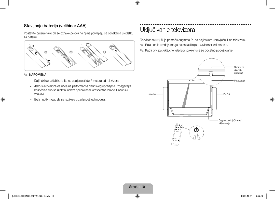 Samsung UE85S9STXXH manual Stavljanje baterija veličina AAA, Senzor za daljinski upravljač Fotoaparat Zvučnici 