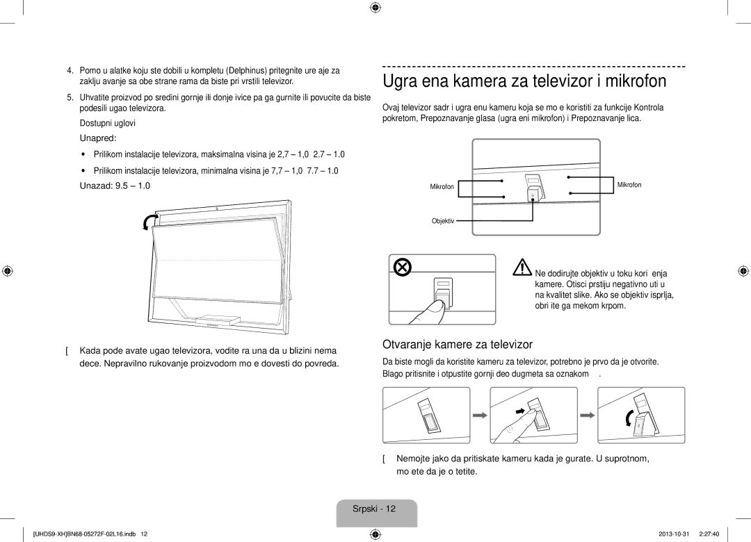 Samsung UE85S9STXXH manual Ugrađena kamera za televizor i mikrofon, Otvaranje kamere za televizor 