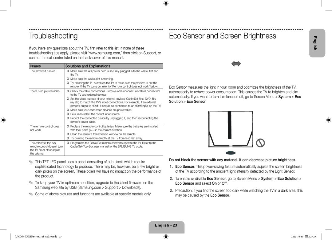 Samsung UE85S9STXXH manual Troubleshooting, Eco Sensor and Screen Brightness, Issues Solutions and Explanations 