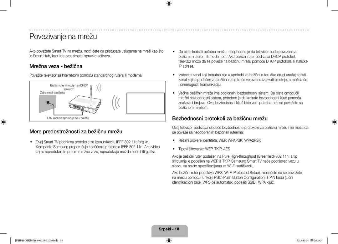 Samsung UE85S9STXXH manual Povezivanje na mrežu, Mrežna veza bežična, Mere predostrožnosti za bežičnu mrežu 