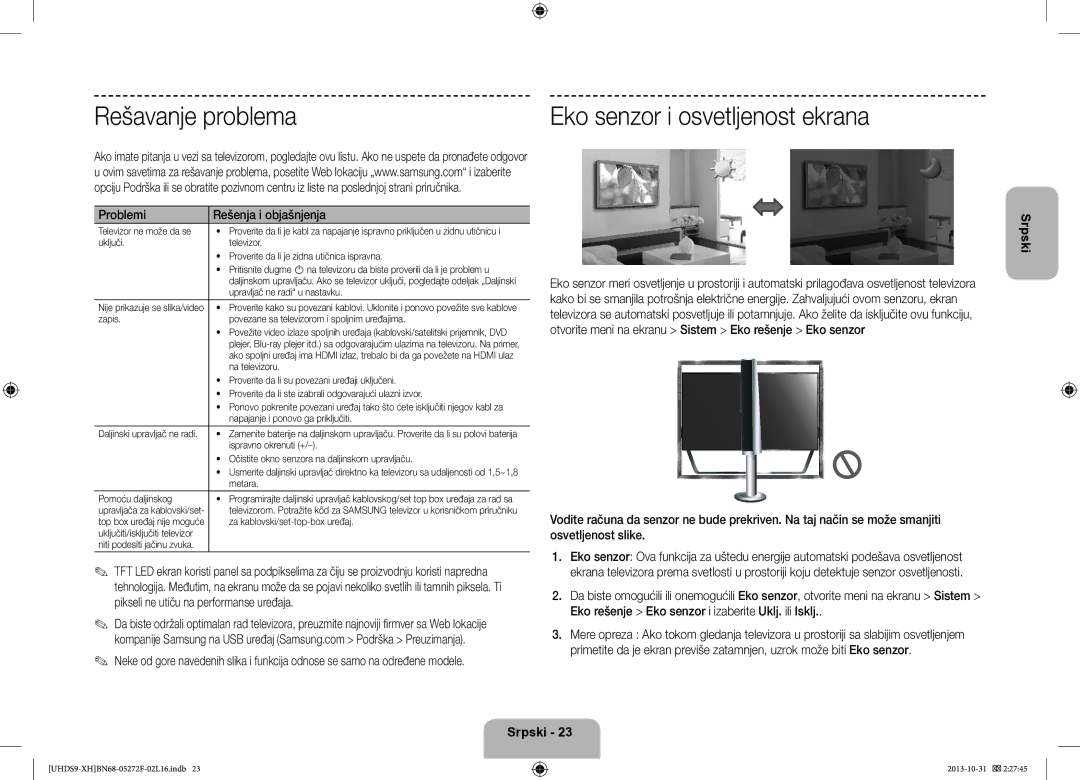 Samsung UE85S9STXXH manual Rešavanje problema, Eko senzor i osvetljenost ekrana, Problemi Rešenja i objašnjenja 