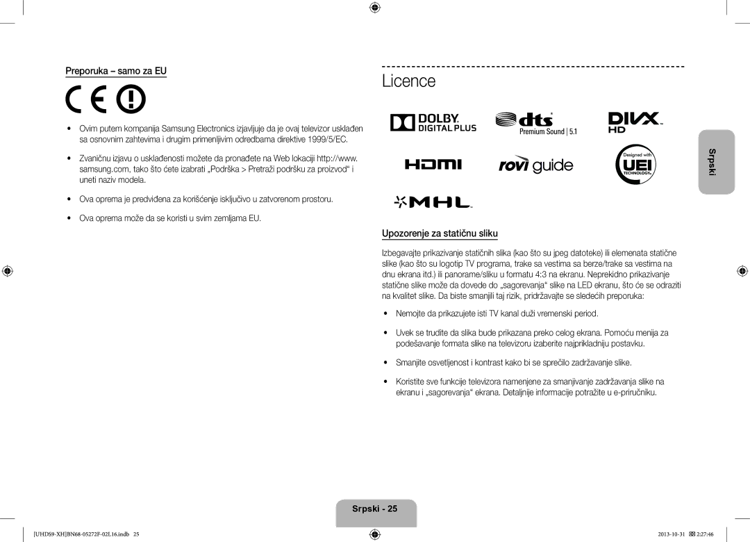 Samsung UE85S9STXXH manual Upozorenje za statičnu sliku, Nemojte da prikazujete isti TV kanal duži vremenski period 