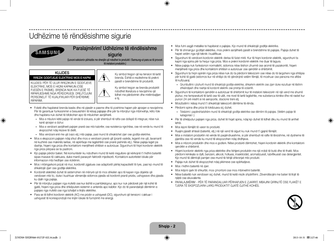 Samsung UE85S9STXXH manual Udhëzime të rëndësishme sigurie, Paralajmërim! Udhëzime të rëndësishme Sigurie, Kujdes 