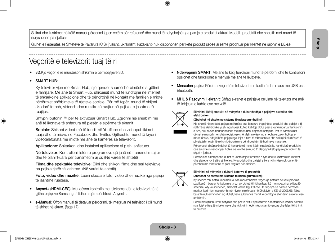 Samsung UE85S9STXXH manual Veçoritë e televizorit tuaj të ri, 3DKjo veçori e re mundëson shikimin e përmbajtjeve 3D 