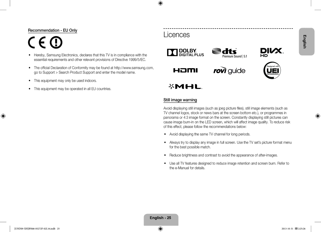 Samsung UE85S9STXXH manual Licences, Still image warning 